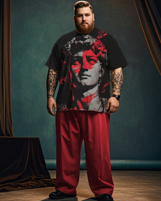 Personalized Sculpture Print Short-sleeved T-shirt and Trousers Plus Size Men's Suit