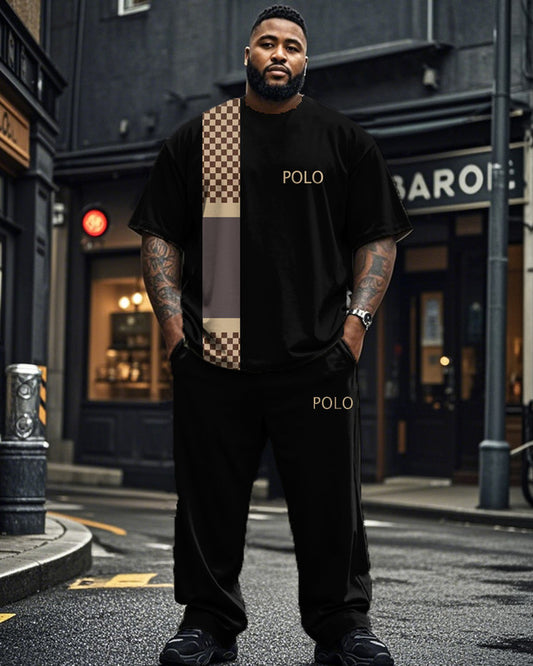 Monogrammed Round Neck Short Sleeve T-shirt and Trousers Plus Size Suit