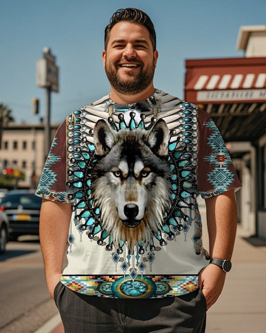 Western Wolf Head Print Large Size Short Sleeve T-shirt