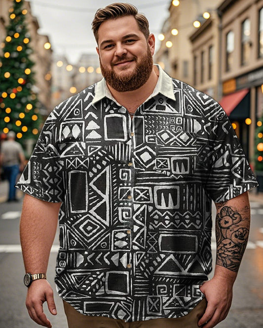 Geometric Vintage Printed Lapel Plus-size Men's Short-sleeved Shirt