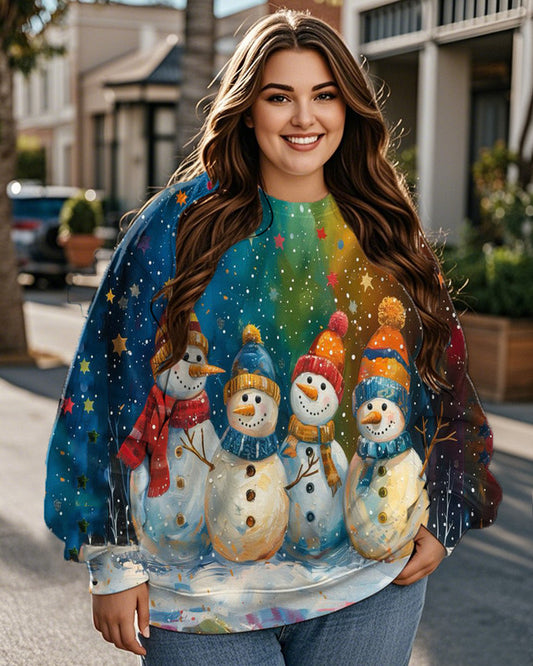 Ladies Snowman Colorful Printed Round Neck Plus Size Long Sleeve Top