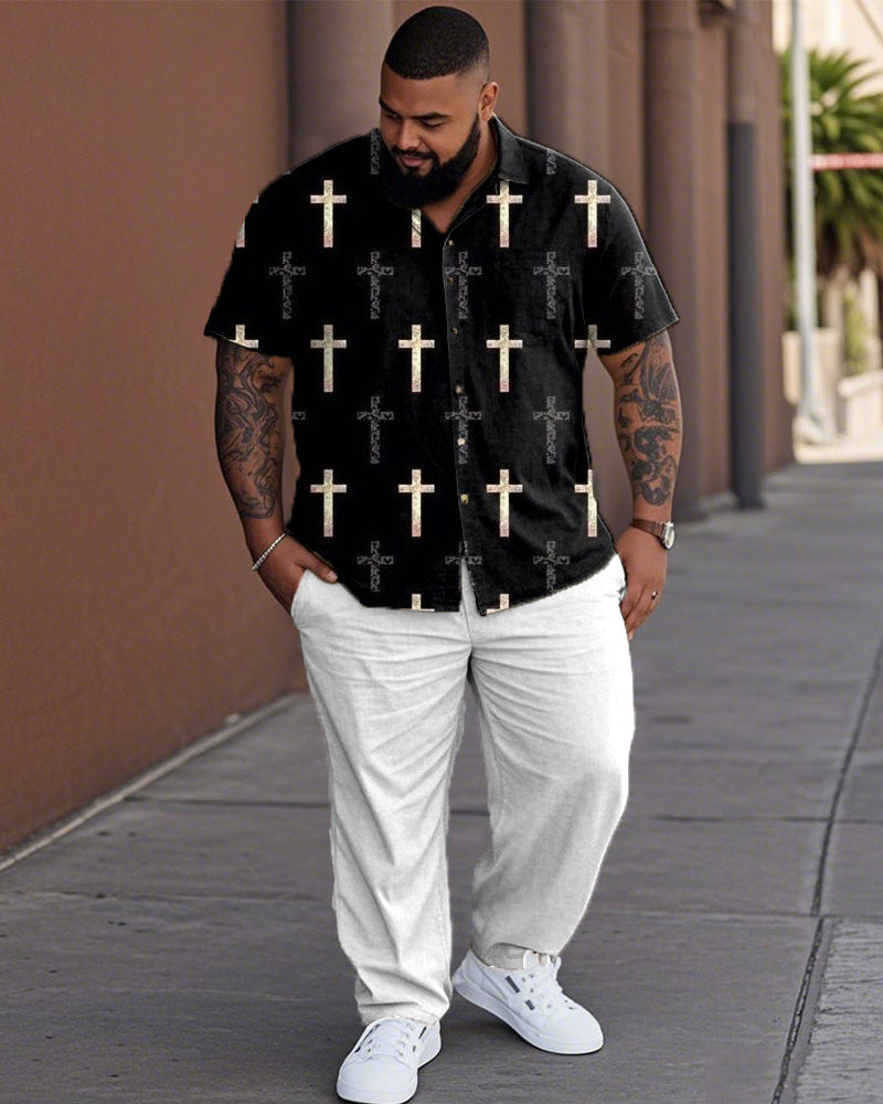 Cross Personalized Large Size Short Sleeve Lapel Shirt Trousers Men's Suit