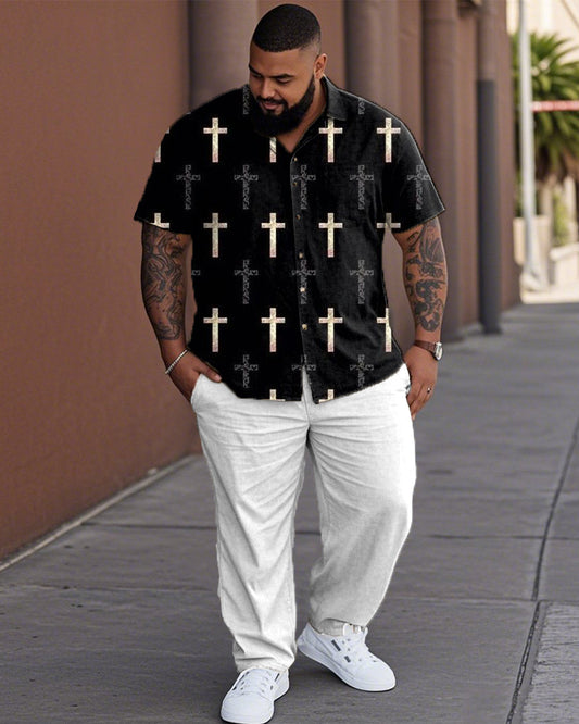 Cross Personalized Large Size Short Sleeve Lapel Shirt Trousers Men's Suit