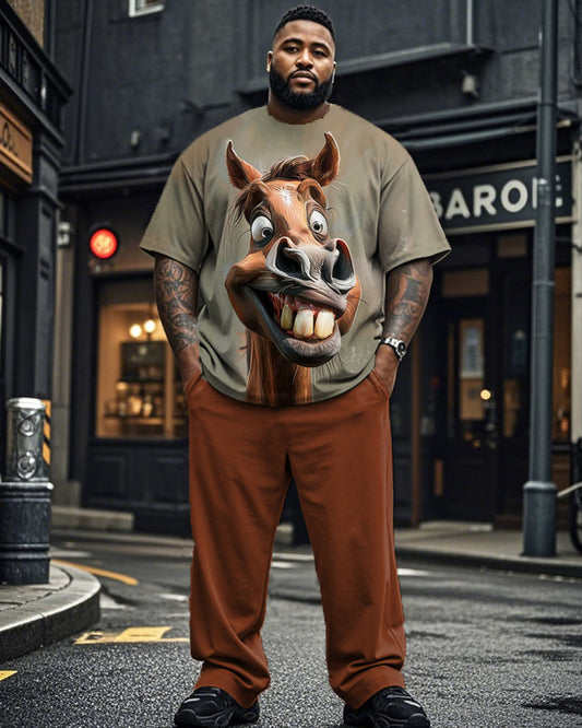 Cute Pony Plus Size Short Sleeve T-shirt and Pants Men's Suit