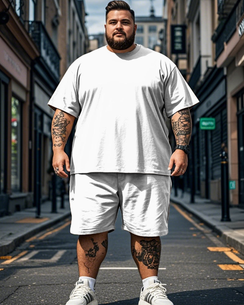 Solid Color Round Neck Plus Size Short Sleeve T-shirt + Shorts for Men