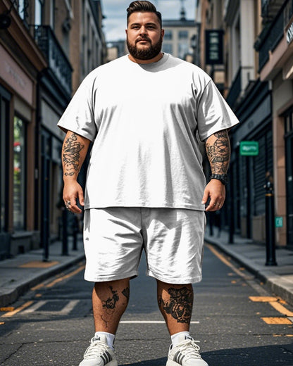 Solid Color Round Neck Plus Size Short Sleeve T-shirt + Shorts for Men