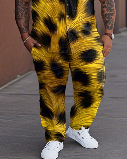Color-matching Leopard Print Large Size Lapel Shirt and Pants Suit