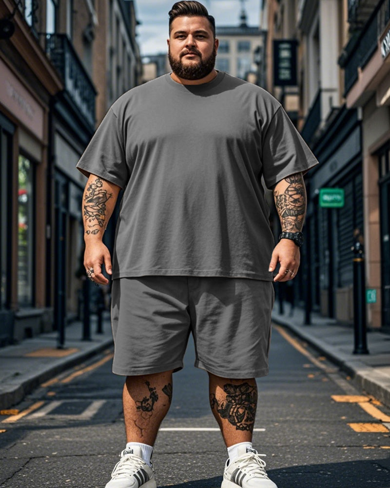 Solid Color Round Neck Plus Size Short Sleeve T-shirt + Shorts for Men