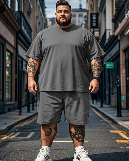 Solid Color Round Neck Plus Size Short Sleeve T-shirt + Shorts for Men
