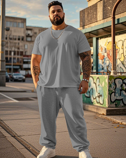 Solid Color Round Neck Plus Size Short Sleeve T-shirt + Trousers Men's Suit
