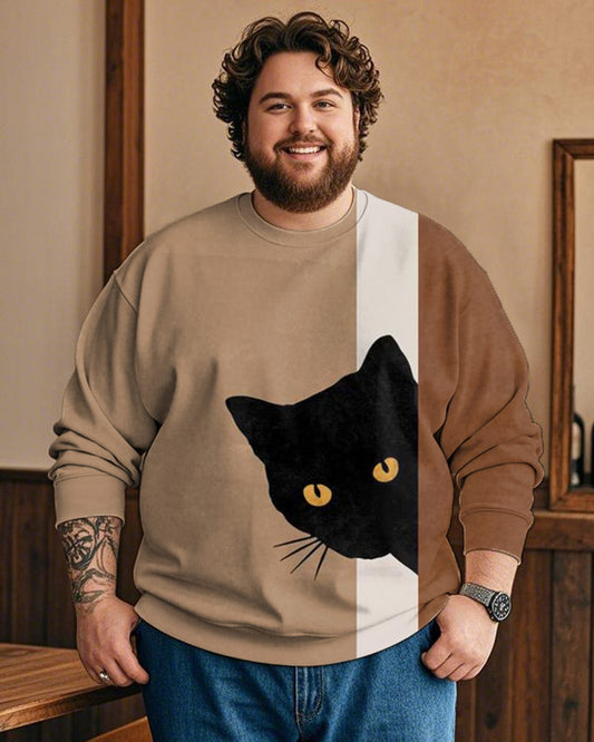 Color Matching Cat Print Big Size Round Neck Long Sleeve Top