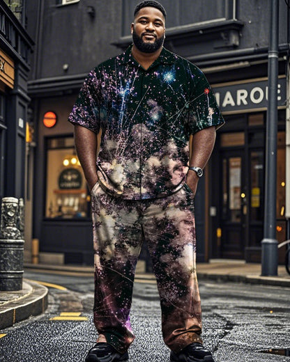 Fireworks Lapel Short Sleeve Shirt Trousers Large Size Men's Suit