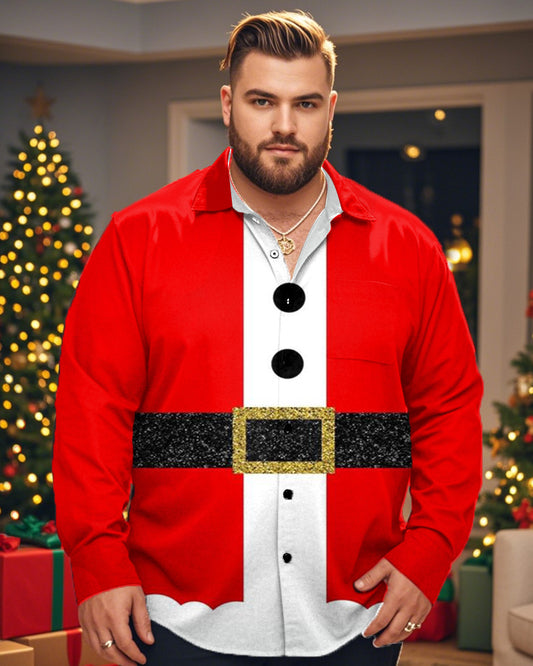 Santa Print Plus Size Men's Long-sleeved Lapel Shirt
