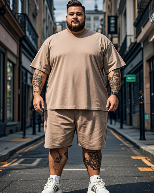 Solid Color Round Neck Plus Size Short Sleeve T-shirt + Shorts for Men
