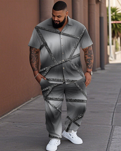 Gradient Color Diamond Check Plus Size Lapel Shirt and Pants Suit