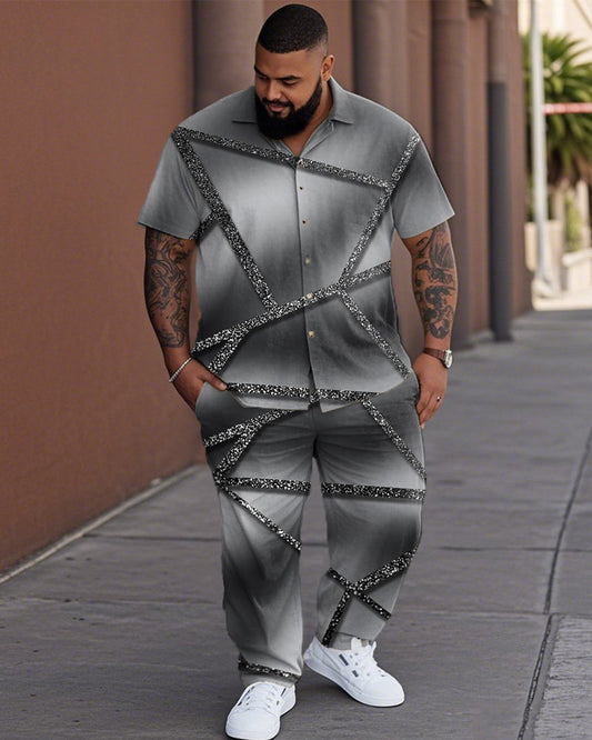 Gradient Color Diamond Check Plus Size Lapel Shirt and Pants Suit