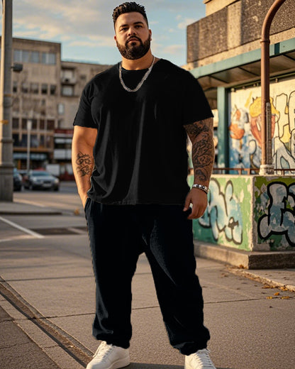 Solid Color Round Neck Plus Size Short Sleeve T-shirt + Trousers Men's Suit