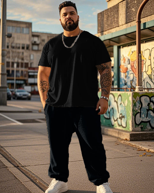 Solid Color Round Neck Plus Size Short Sleeve T-shirt + Trousers Men's Suit