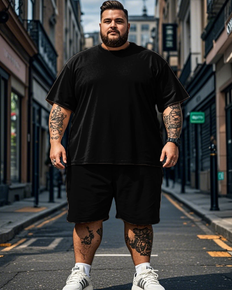 Solid Color Round Neck Plus Size Short Sleeve T-shirt + Shorts for Men