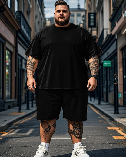 Solid Color Round Neck Plus Size Short Sleeve T-shirt + Shorts for Men
