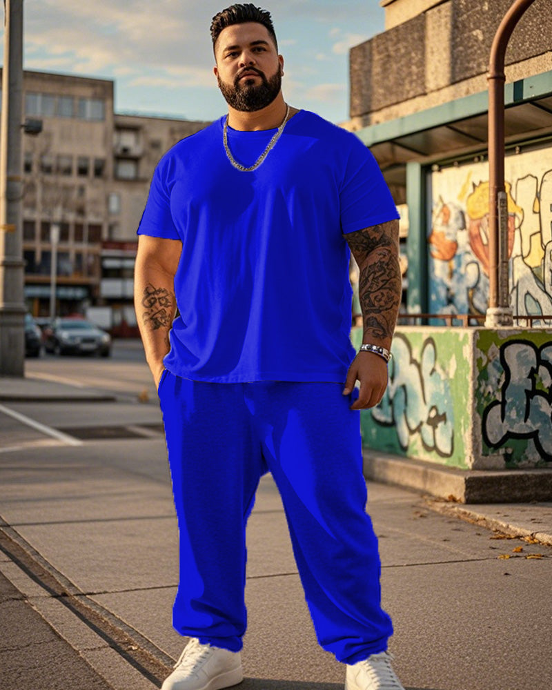 Solid Color Round Neck Plus Size Short Sleeve T-shirt + Trousers Men's Suit
