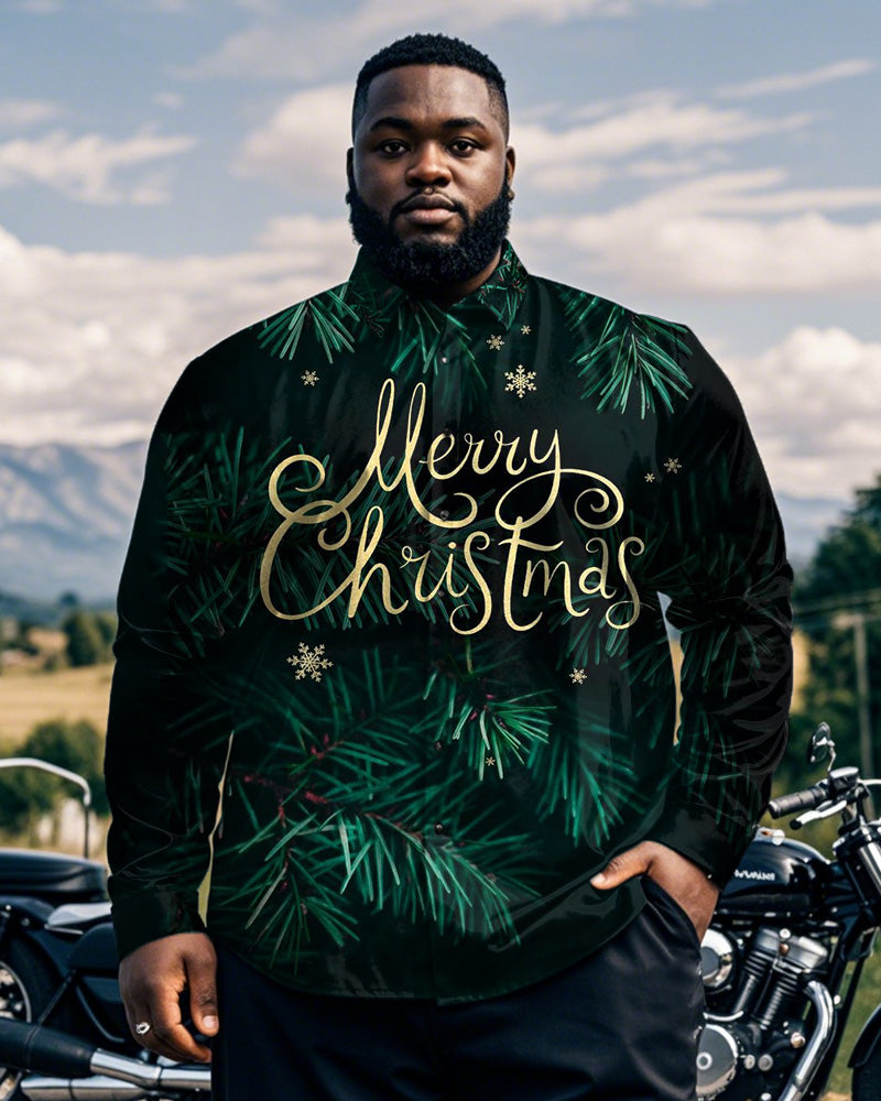 Merry Christmas Plant Plus Size Men's Long-sleeved Lapel Shirt