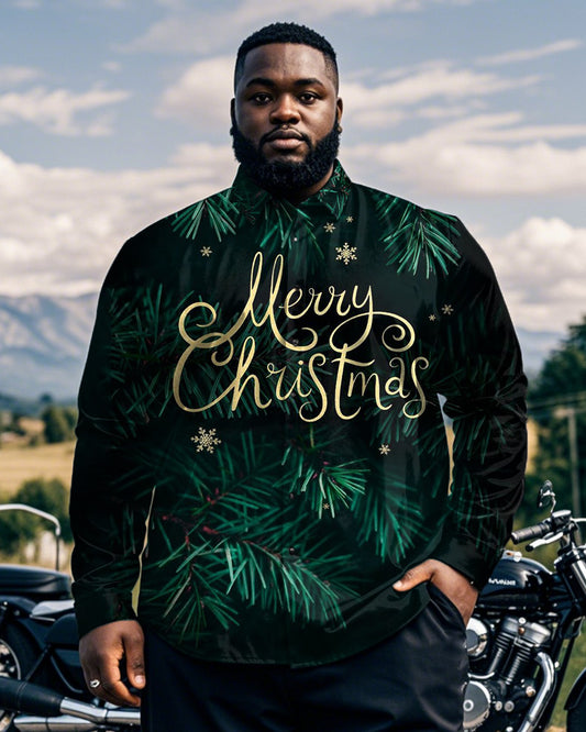 Merry Christmas Plant Plus Size Men's Long-sleeved Lapel Shirt