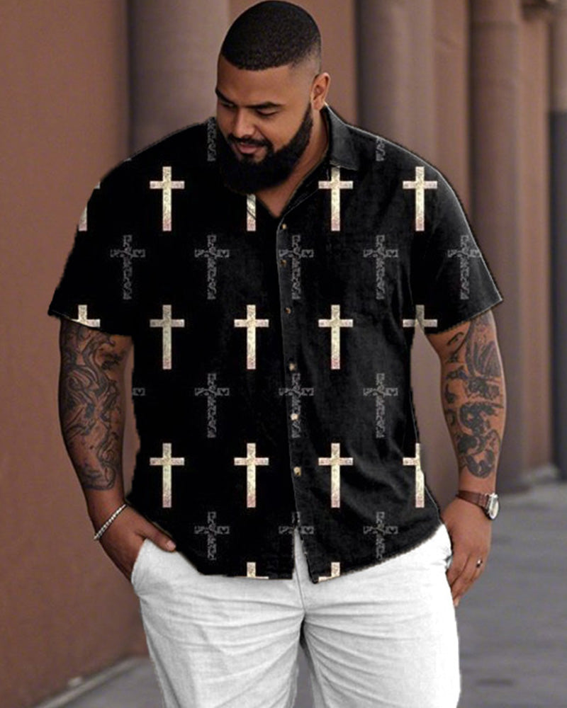 Cross Personalized Large Size Short Sleeve Lapel Shirt Trousers Men's Suit