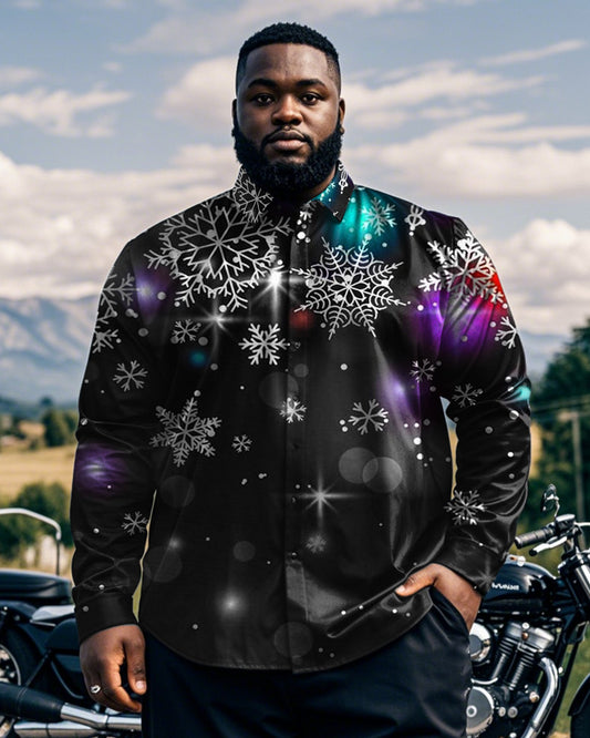 Colorful Snowflake Print Large Size Men's Long-sleeved Lapel Shirt